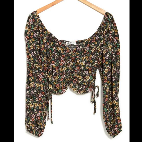 Elodie Womens Crop Top Black Floral Long Sleeve V Neck Drawstring Boho S NWT - Picture 2 of 7